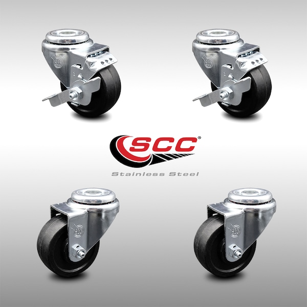 3.5 Inch SS Soft Rubber Wheel Swivel Bolt Hole Caster Set with 2 Brake SCC